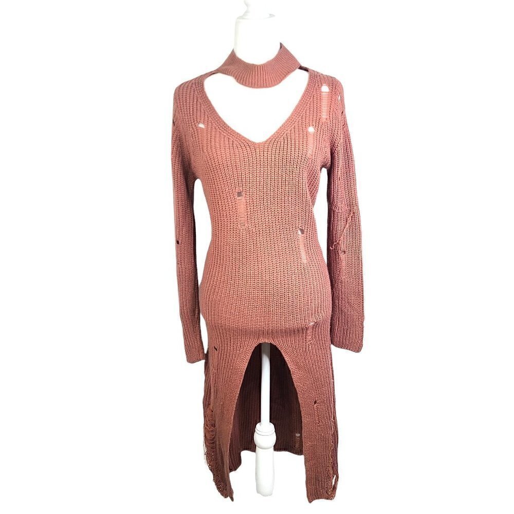 Women's Mauve Rust Maxi Long Distressed Ribbed Chunky Knit Sweater Dress